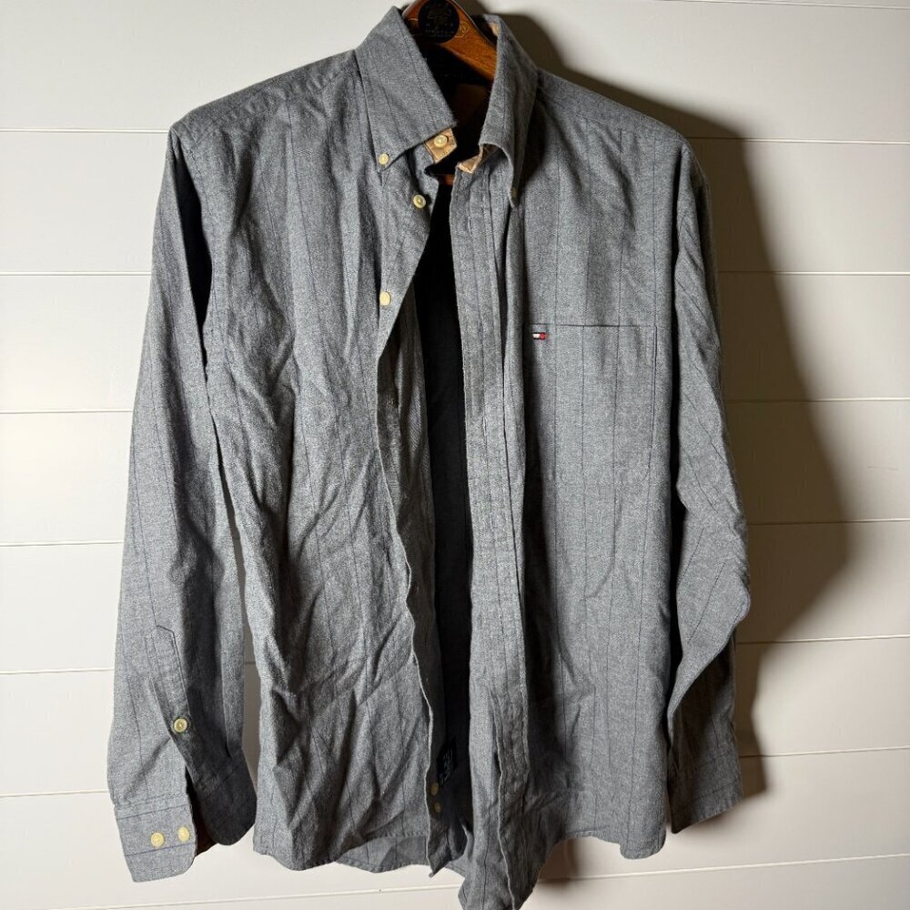 Tommy Hilfiger Gray Pin Stripe Long Sleeve Shirt Flannel Tan Accents Size Large